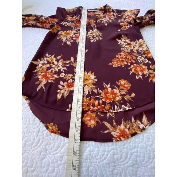 Daniel Rainn Split Neck Blouse Burgundy/Orange Floral Roll Tab Sleeve​ Size PXS - Picture 14 of 14